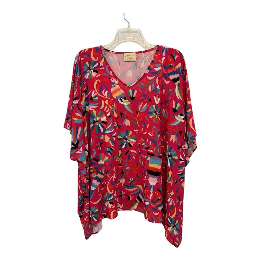Judith March Top Womens Large Pink‎ Multi Kimono Sleeve Tunic Birds Floral Boho